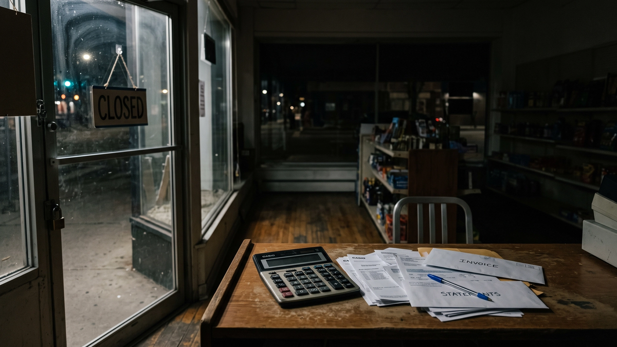An empty small storefront counter at night with a calculator and a stack of bank statements near a closed sign in the glass door