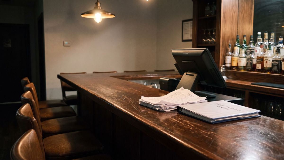 A quiet restaurant bar after closing, with insurance documents and a training certificate binder on the bar top next to a dimmed POS terminal