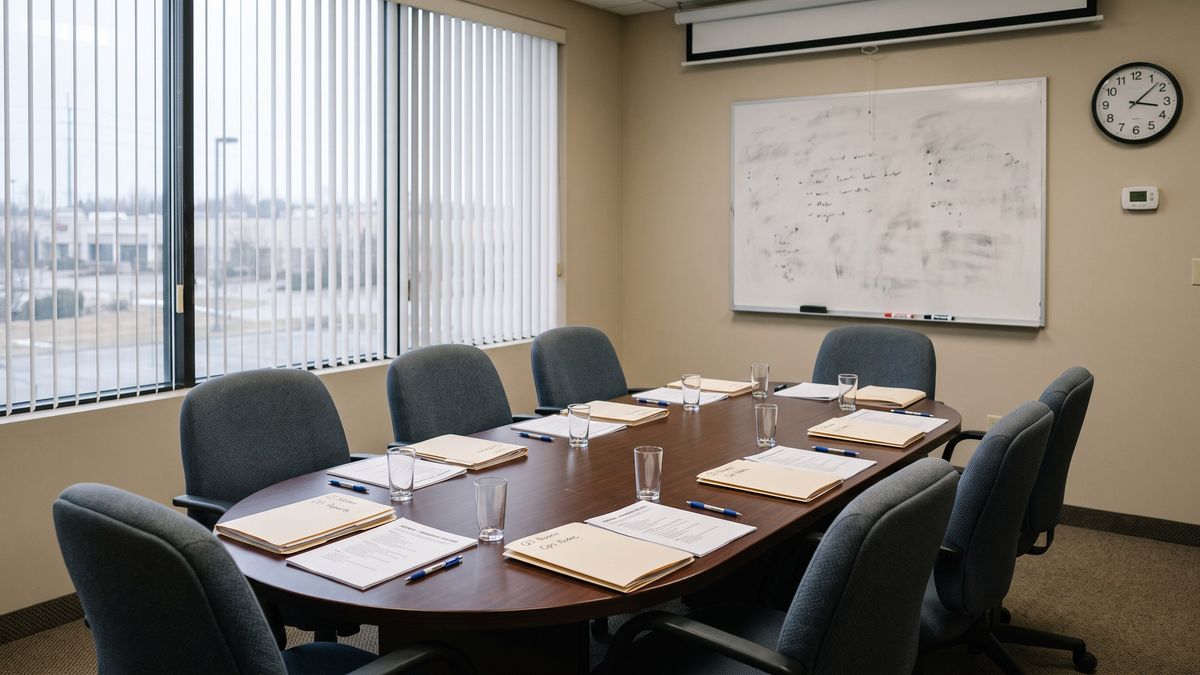 An empty corporate conference room with an oval table, printed agendas at each seat, and a whiteboard, suggesting a meeting about to start or just adjourned.