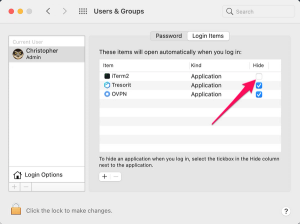 users and groups login items iterm