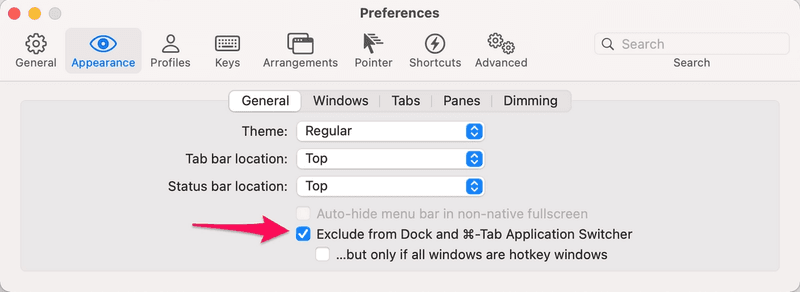 iterm2 preferences appearance exclude from dock