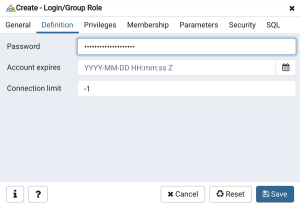 pgadmin login/create group definition tab