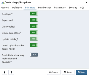 pgadmin create login/group role privileges tab