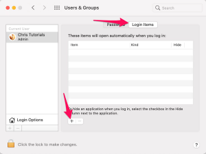 users and groups login items
