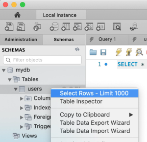 MySQL Workbench select rows from users