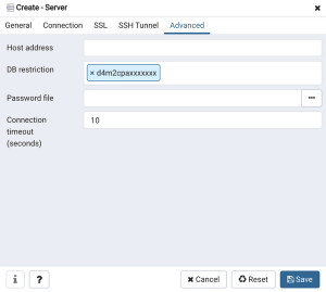 pgadmin create server advanced db restriction