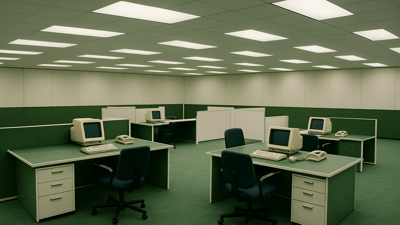 An image of a 1980s-esque office space, inspired by the TV show Severance