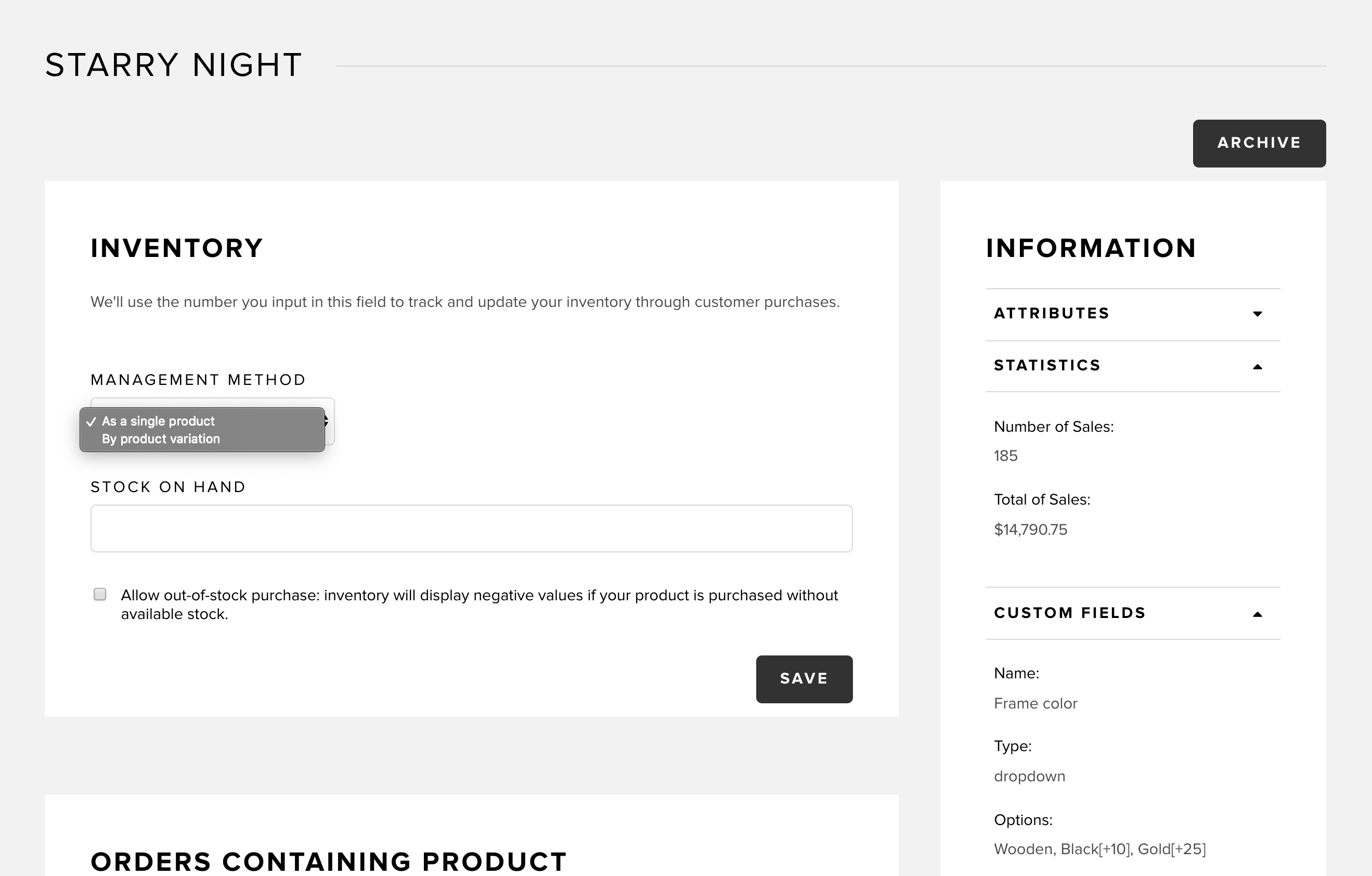 Inventory management for a product in Snipcart dashboard