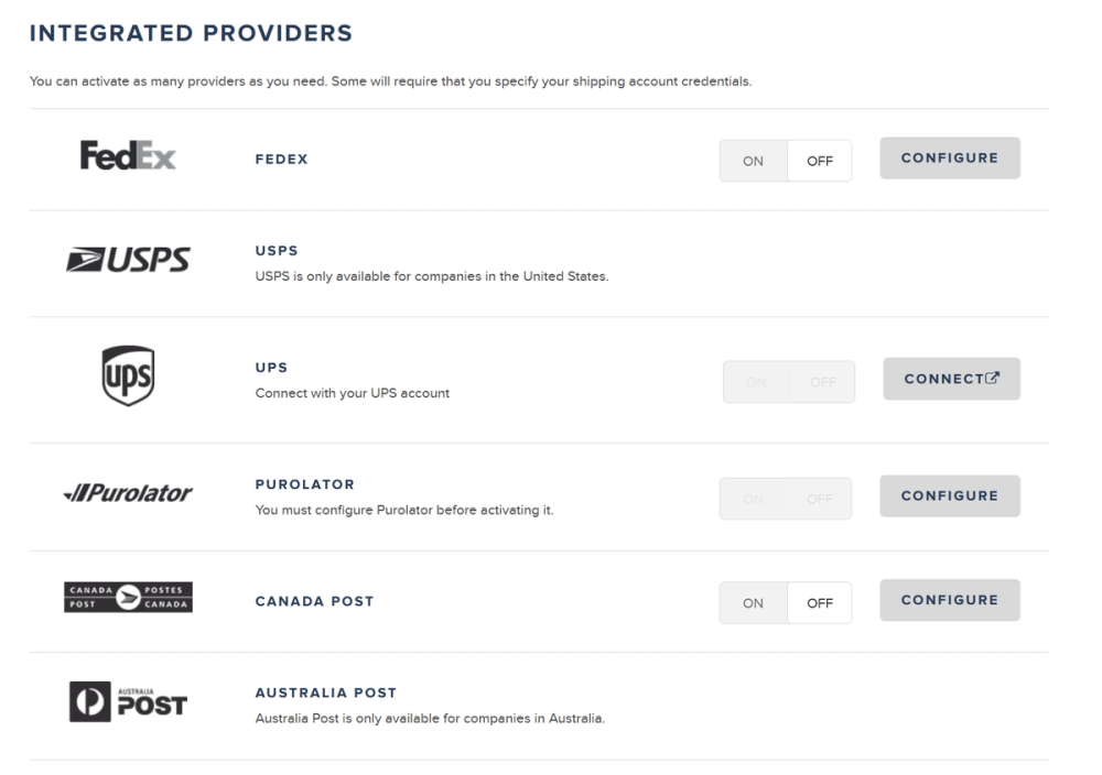 List of Snipcart supported shipping providers