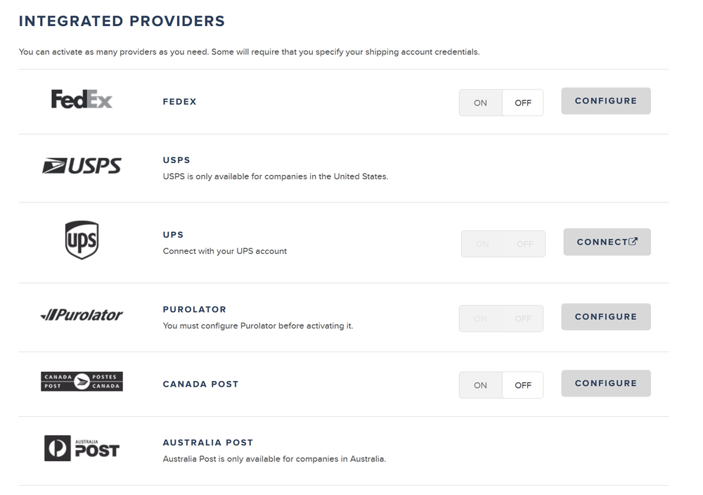 List of Snipcart supported shipping providers