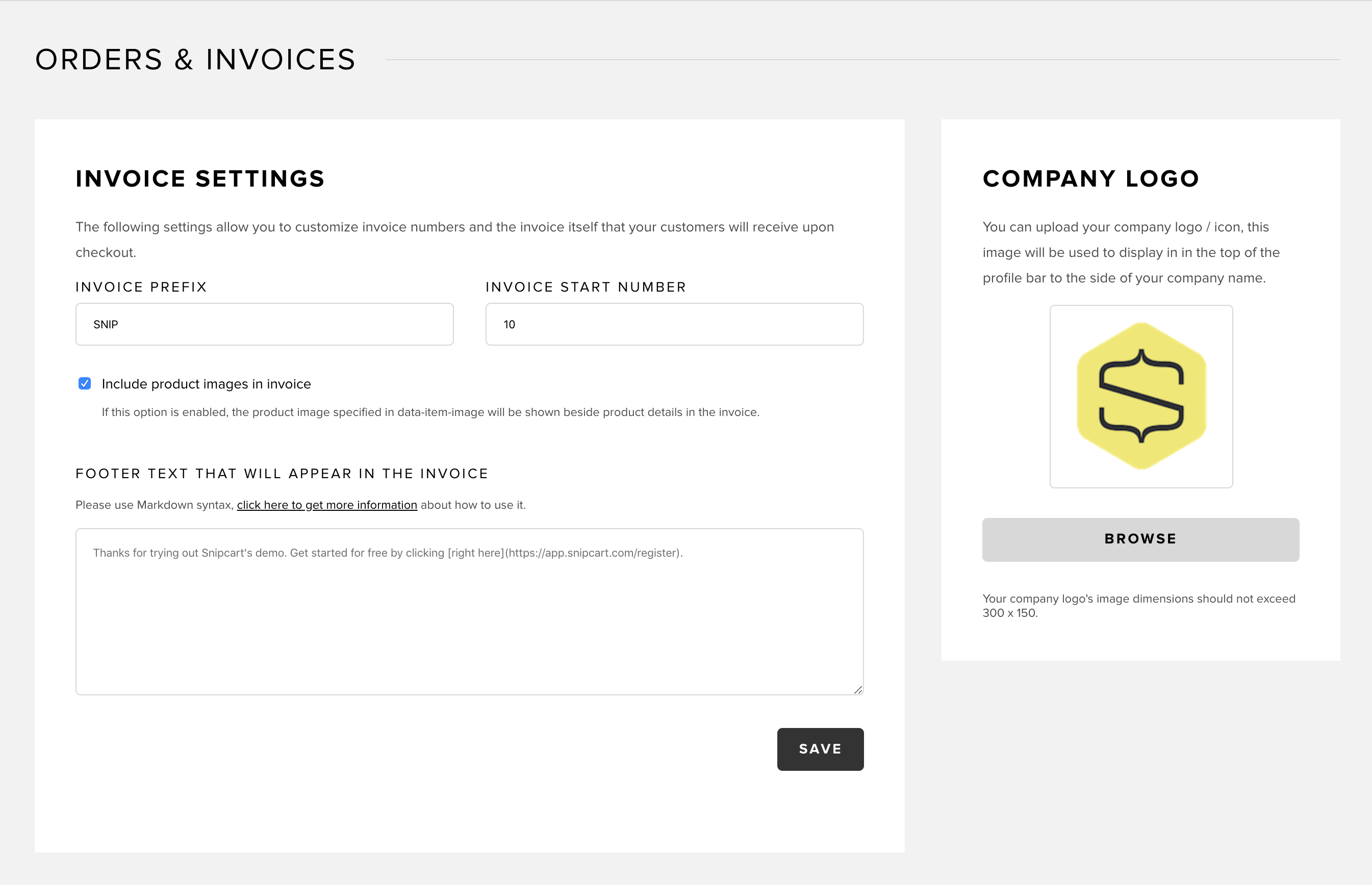 Invoice customization example in Snipcart dashboard