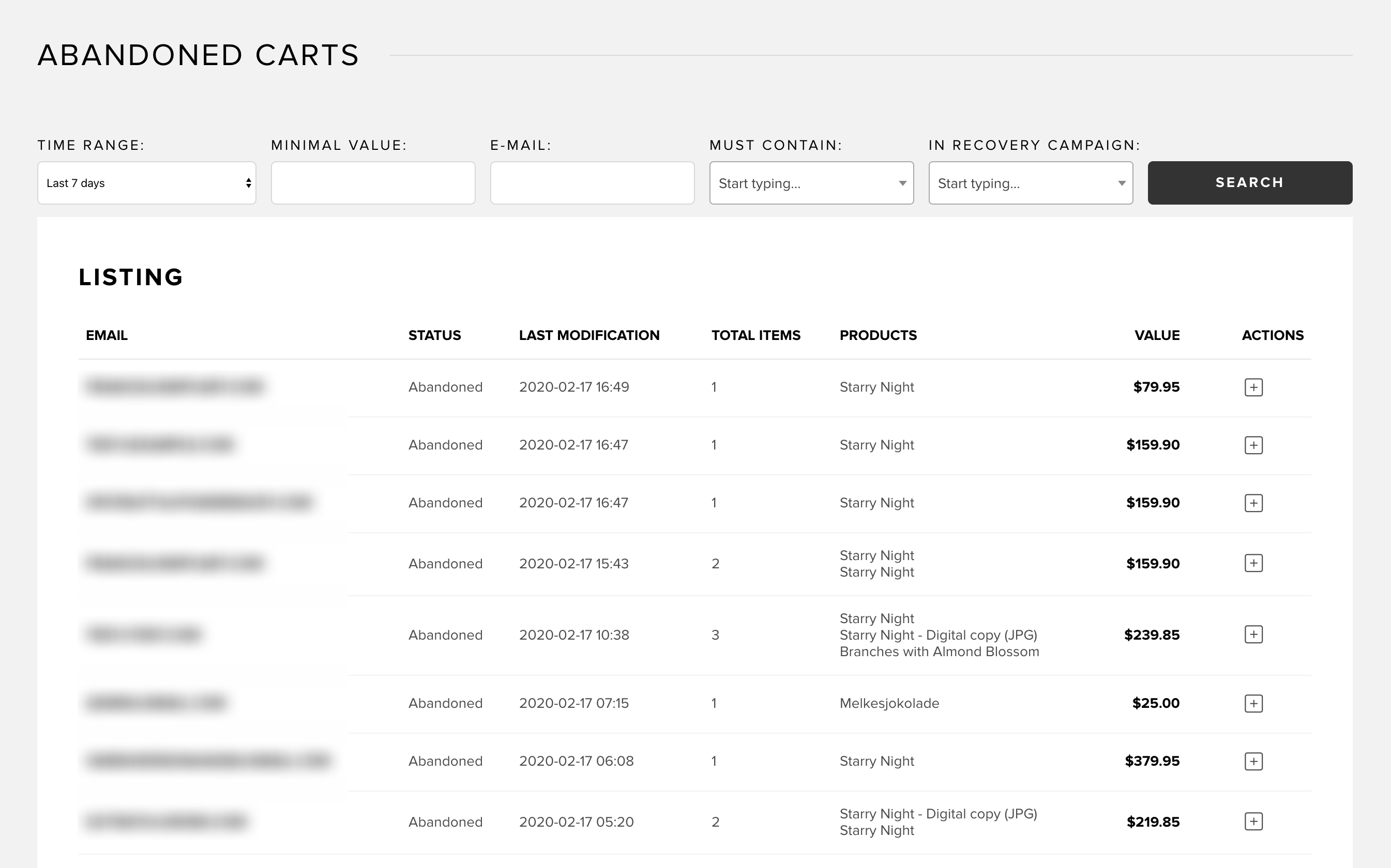 List of abandoned carts in Snipcart dashboard
