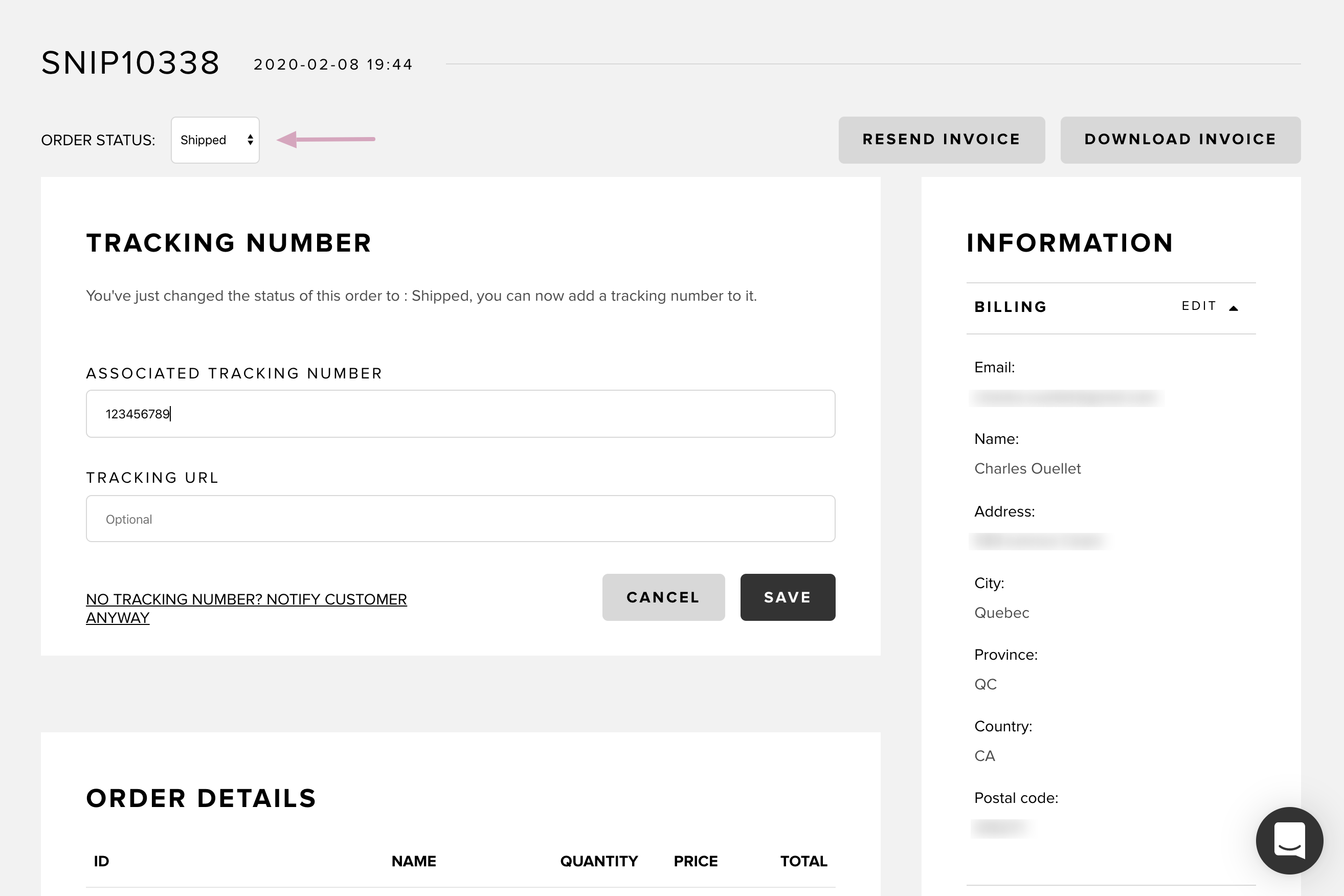 Tracking number in a Snipcart order detail