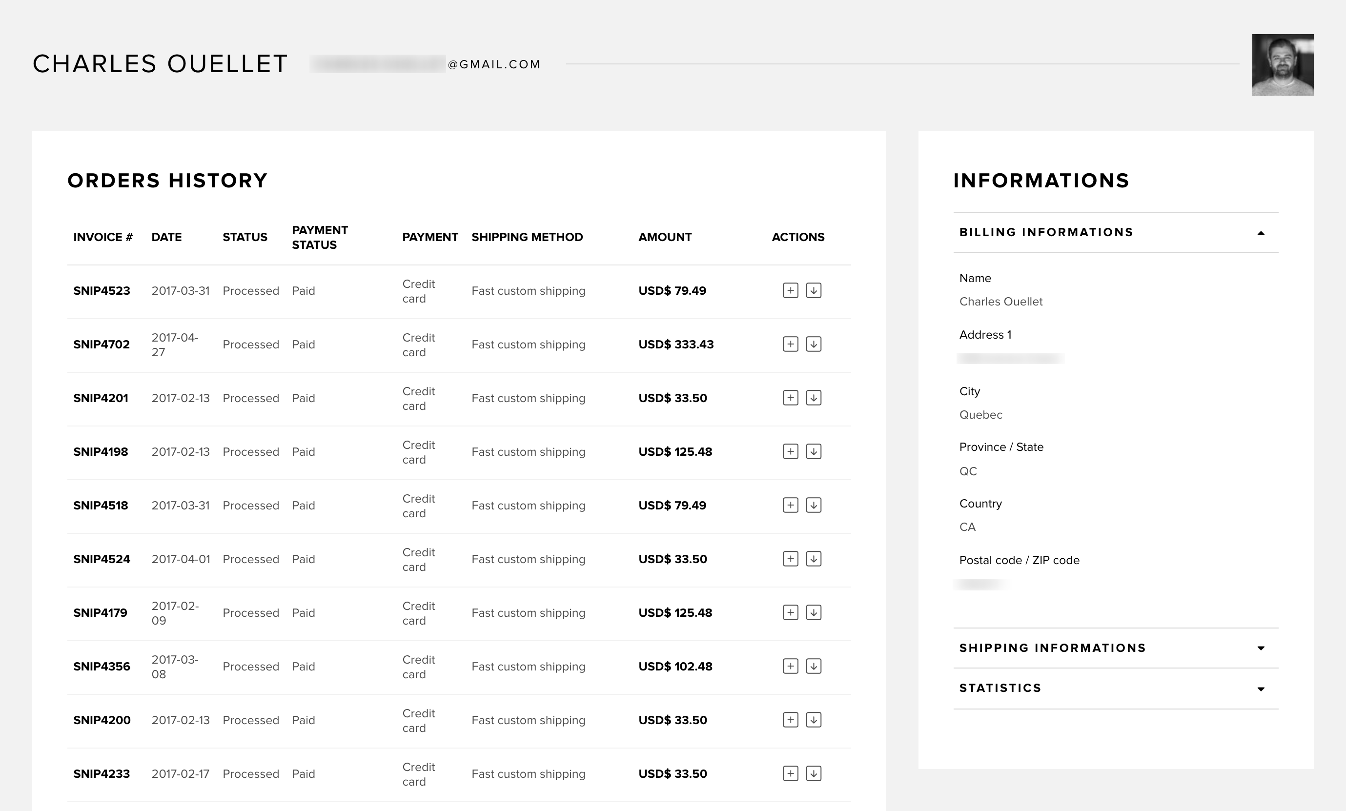 Customer details in Snipcart dashboard