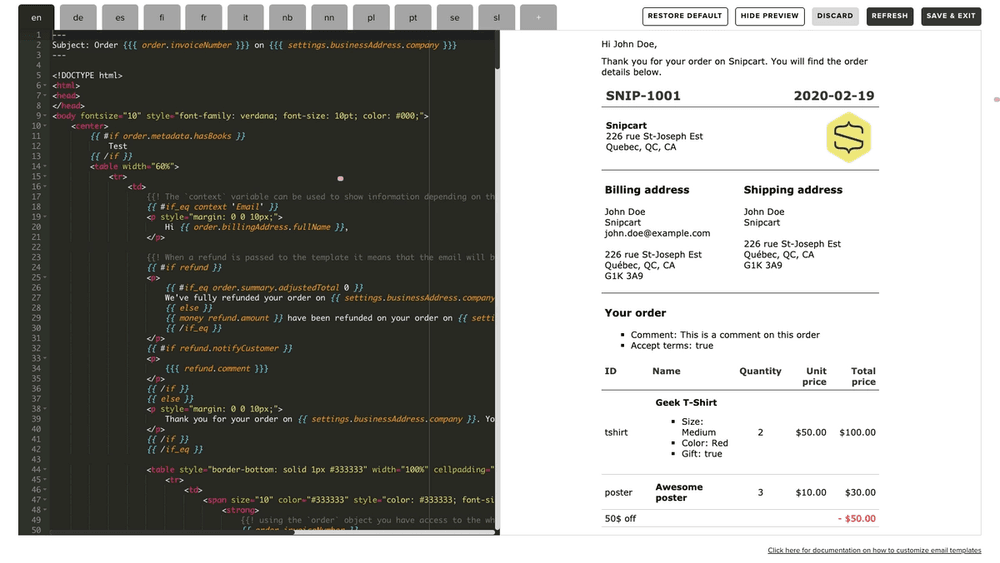Email template editor in Snipcart dashboard