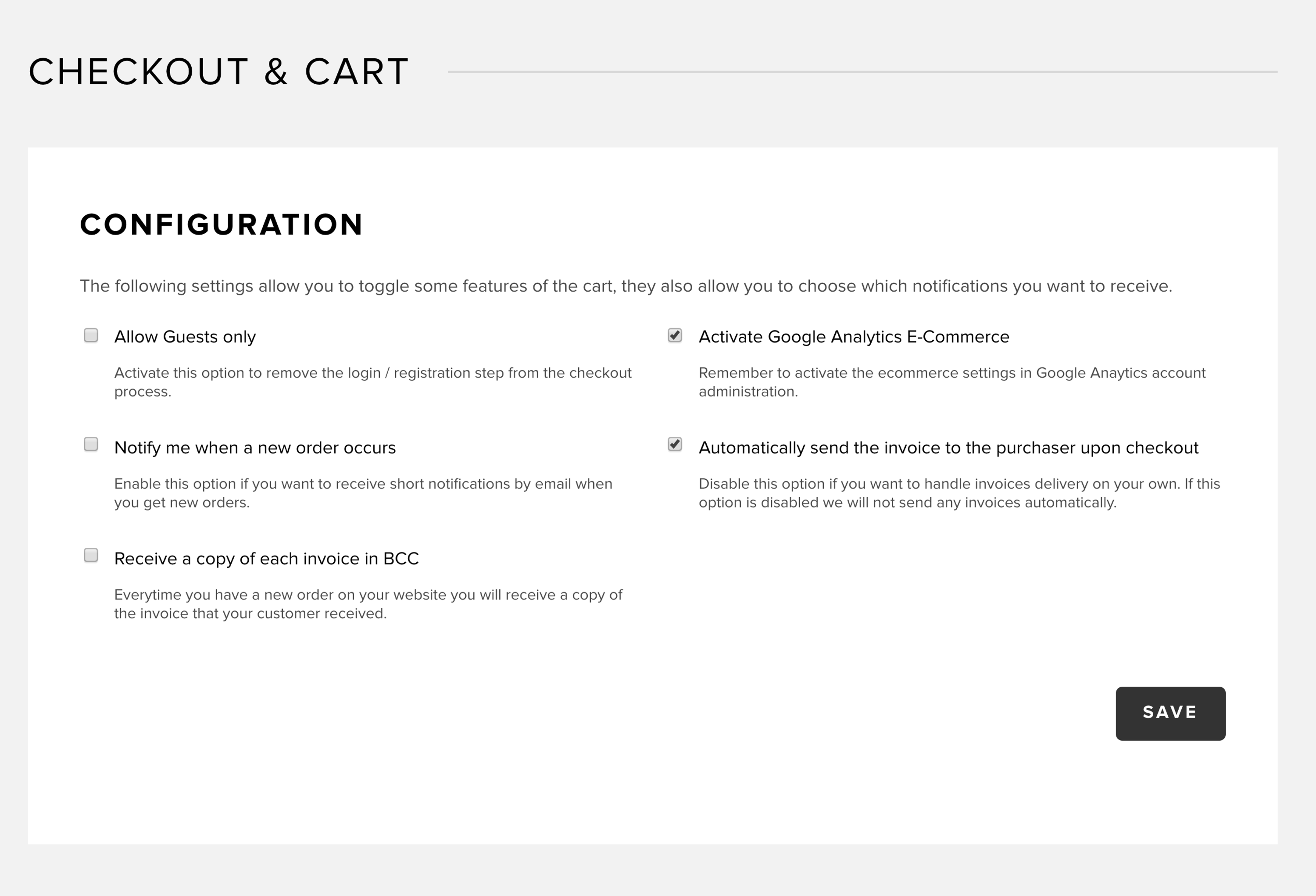 Checkout and cart settings in Snipcart dashboard