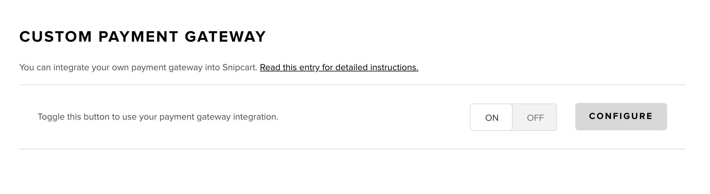 Custom payment gateway toggle in Snipcart's dashboard