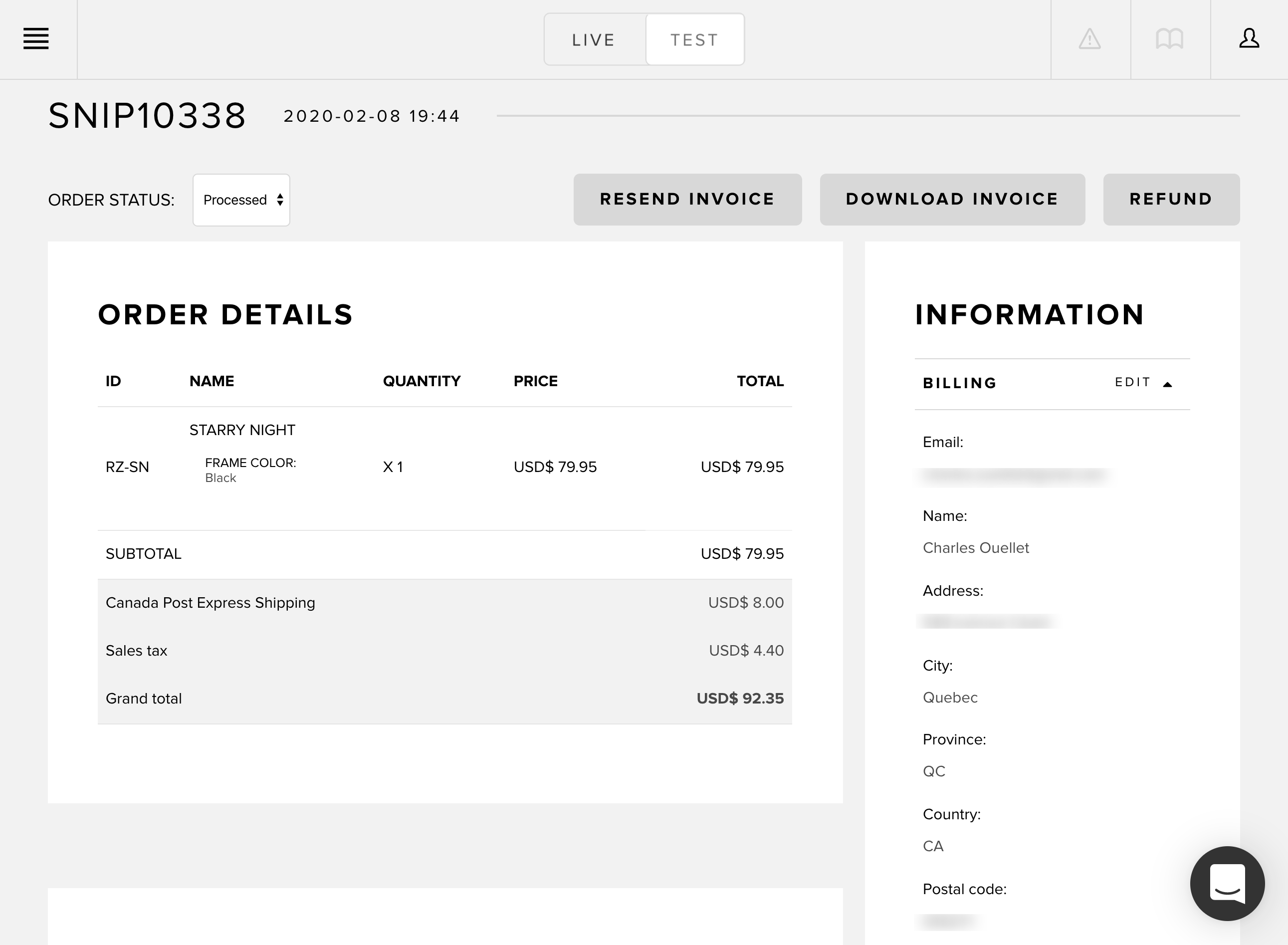 Order details in Snipcart dashboard