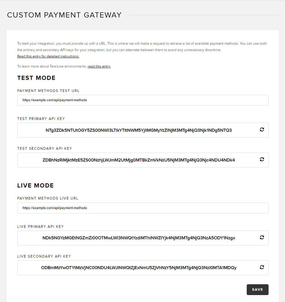 Custom payment gateway configuration in Snipcart dashboard