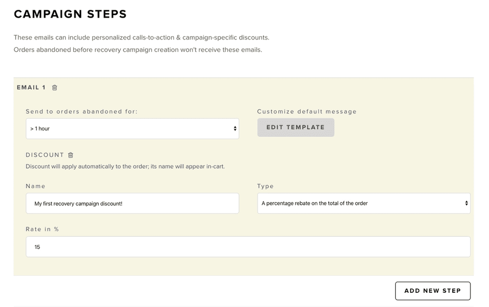 Adding a discount to a recovery campaign email in Snipcart