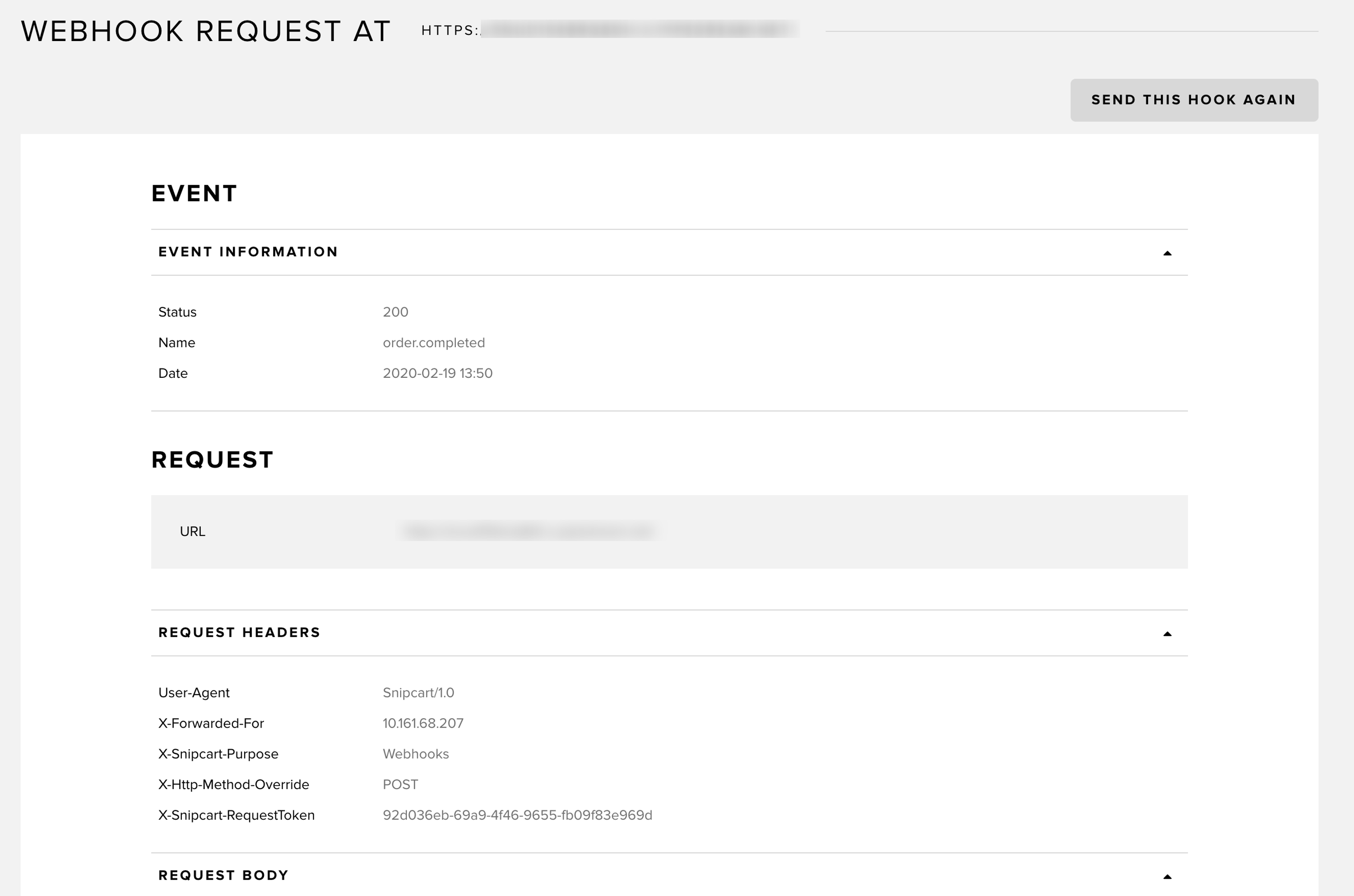 Details of a webhook request in the Snipcart dashboard