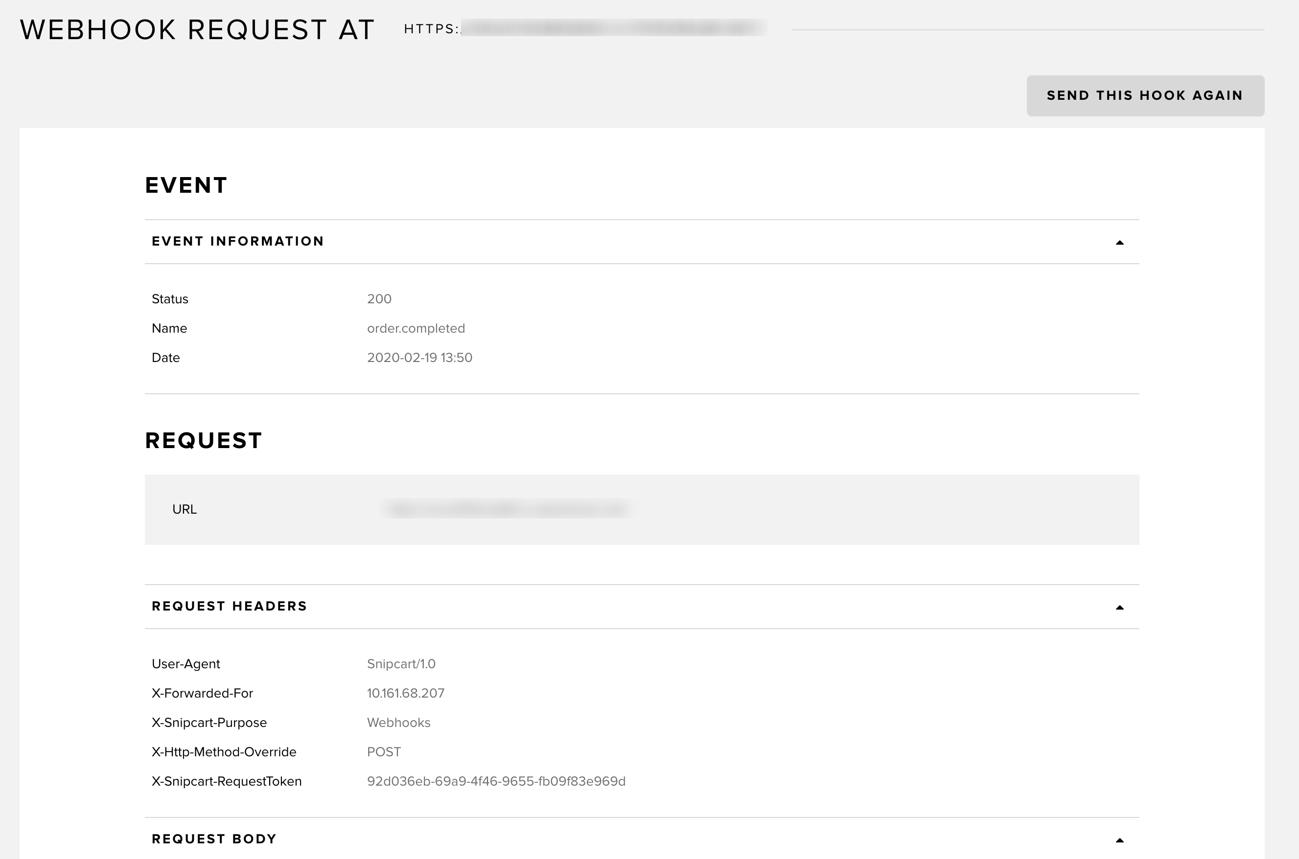 Détails d'une requête de webhook dans le tableau de bord Snipcart