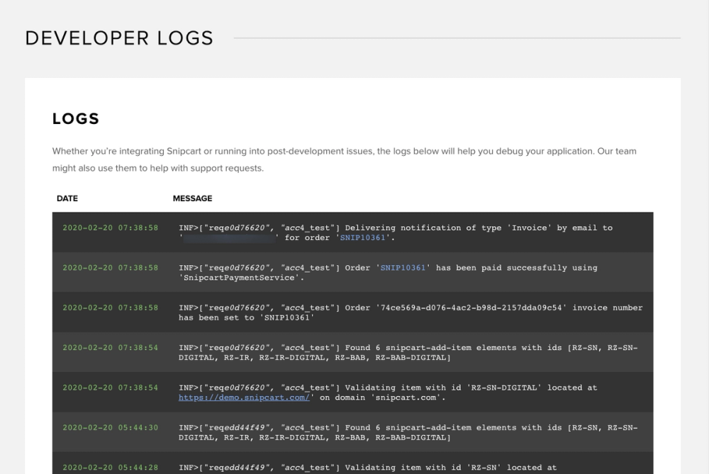 Developer logs inside Snipcart dashboard