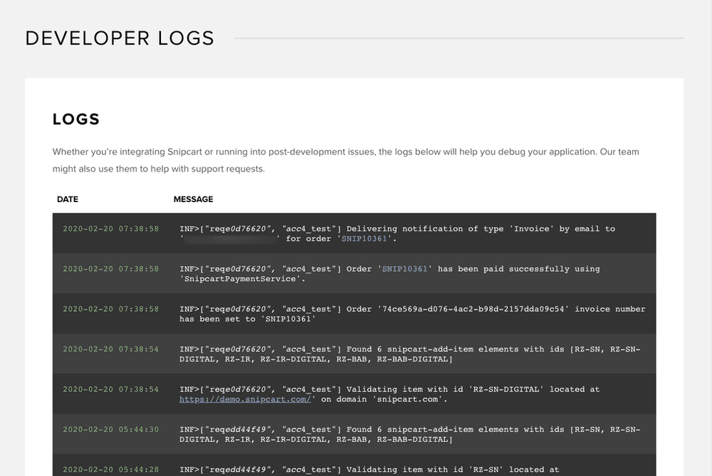 Developer logs inside Snipcart dashboard