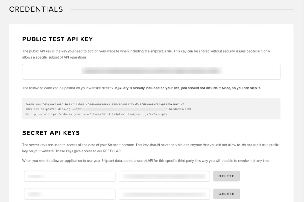 Public and secret API keys in Snipcart dashboard