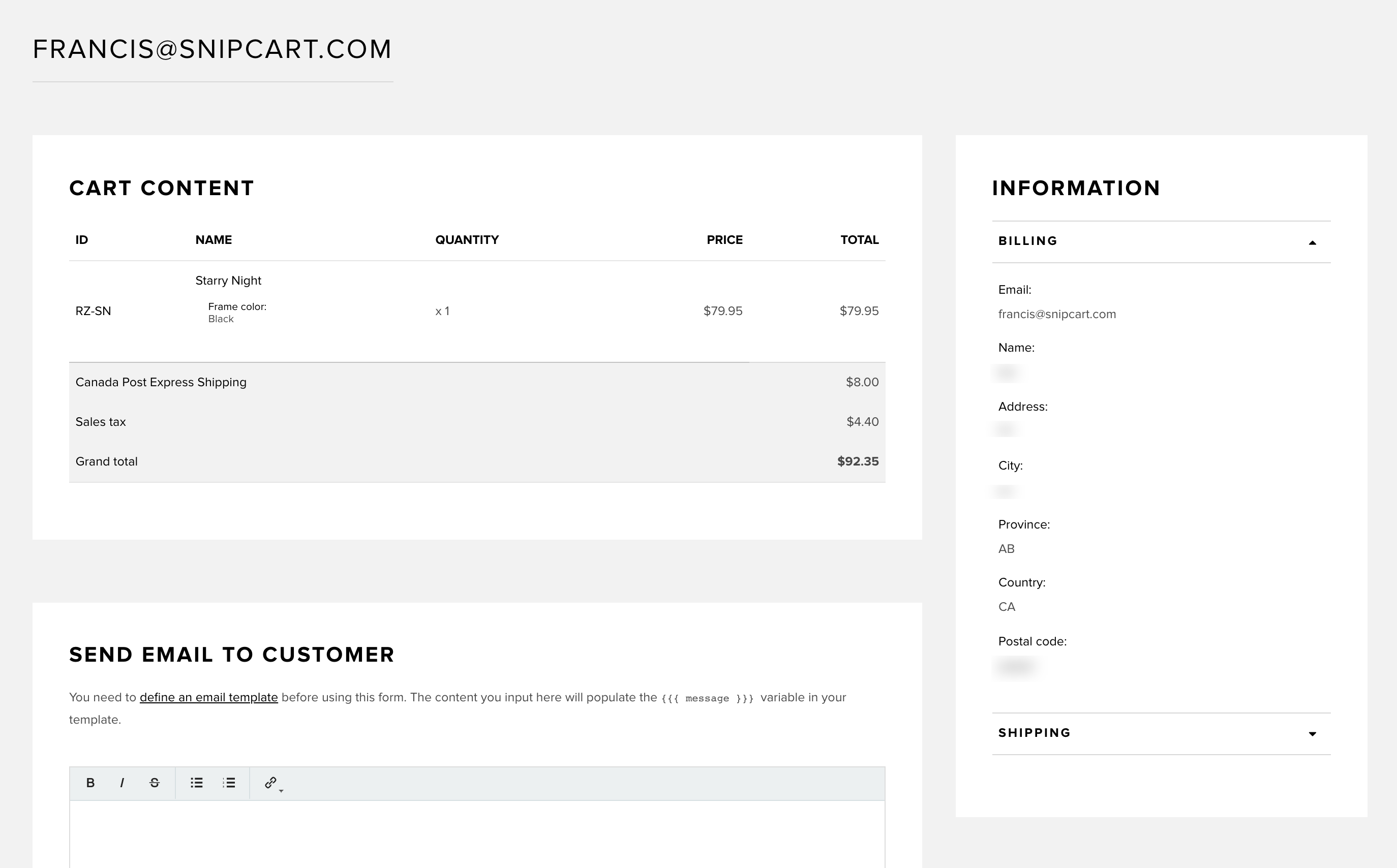 Abandoned cart detail in Snipcart dashboard