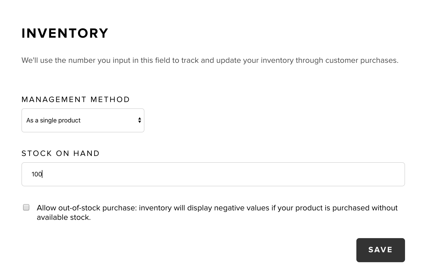 Inventory management as a single product in Snipcart dashboard