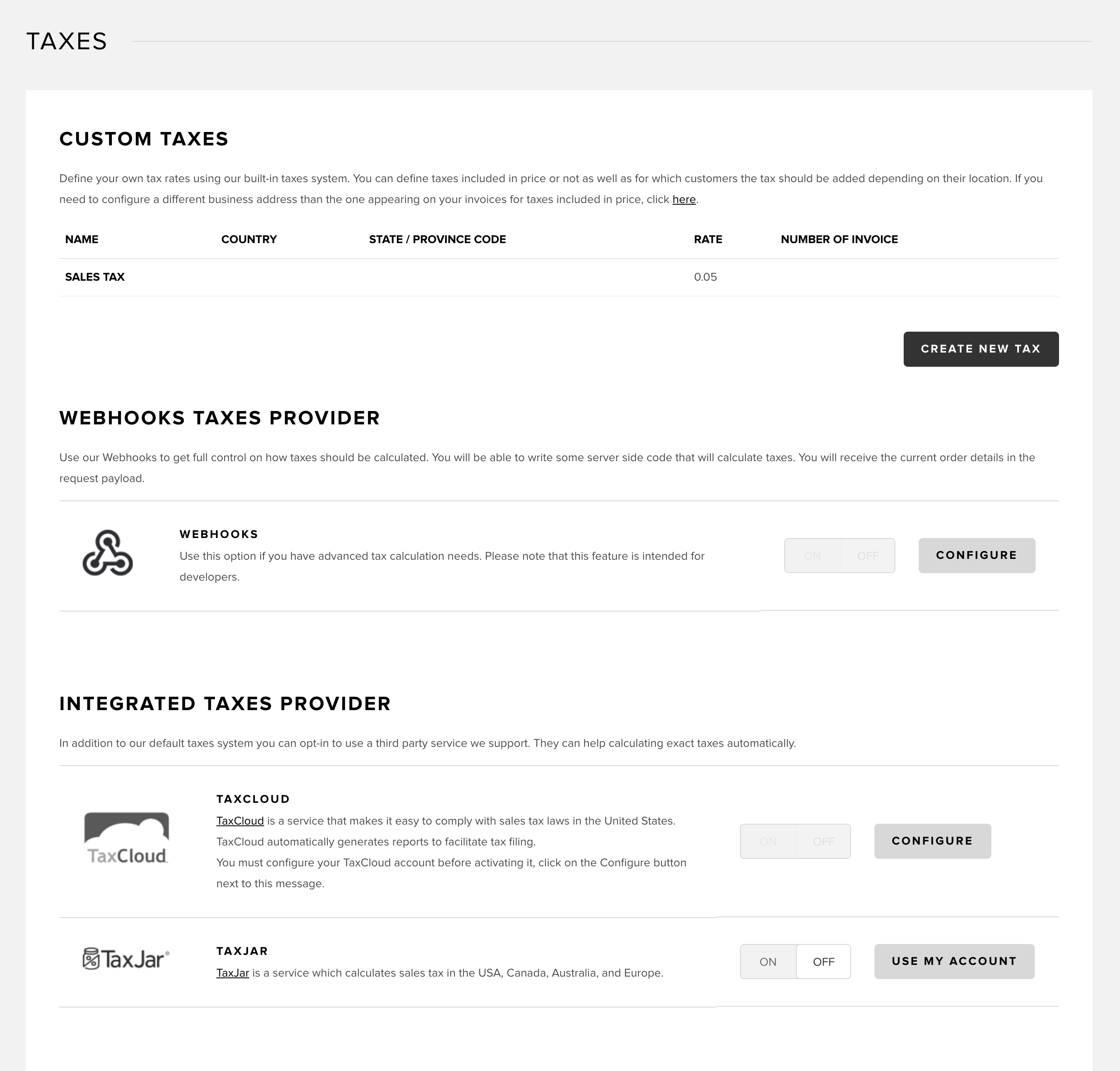 Taxes screen in Snipcart dashboard