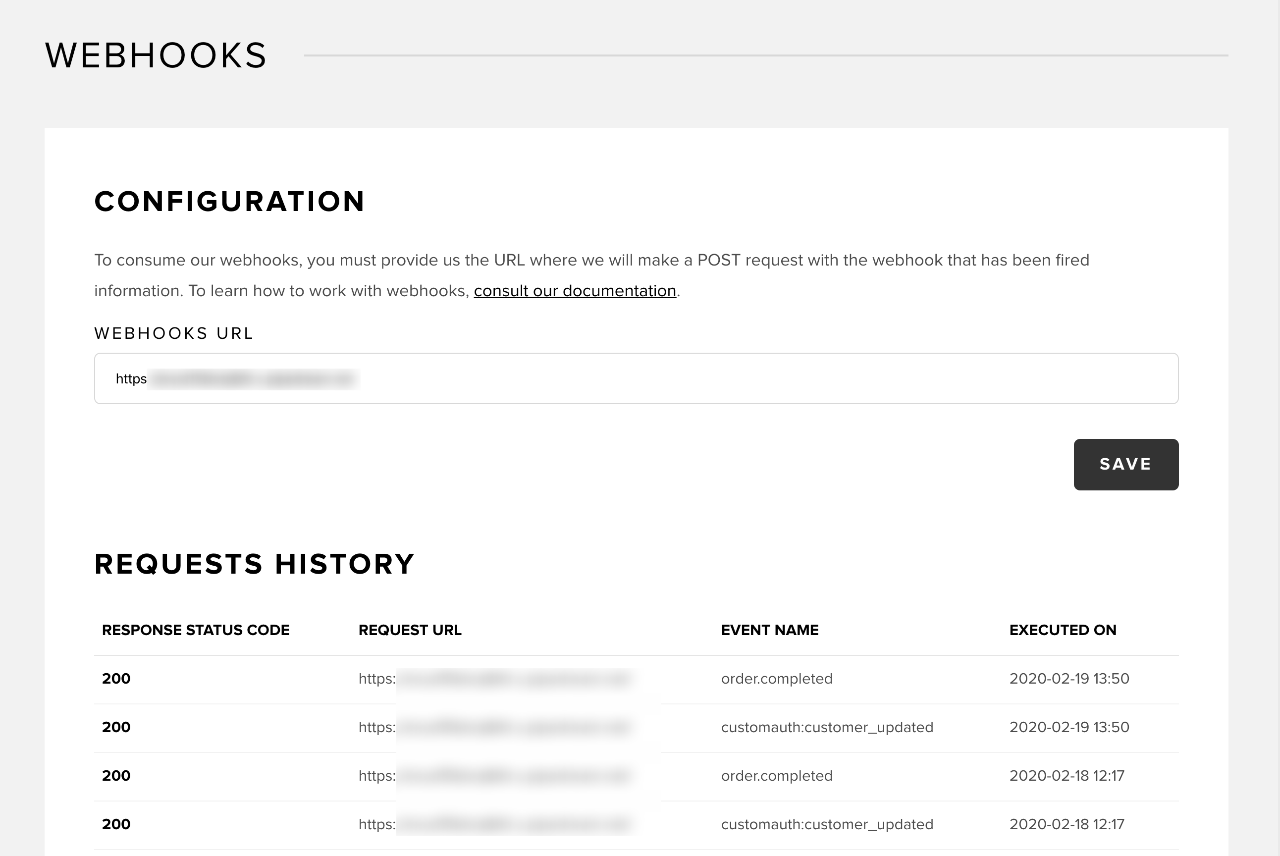 Webhooks configuration in Snipcart dashboard