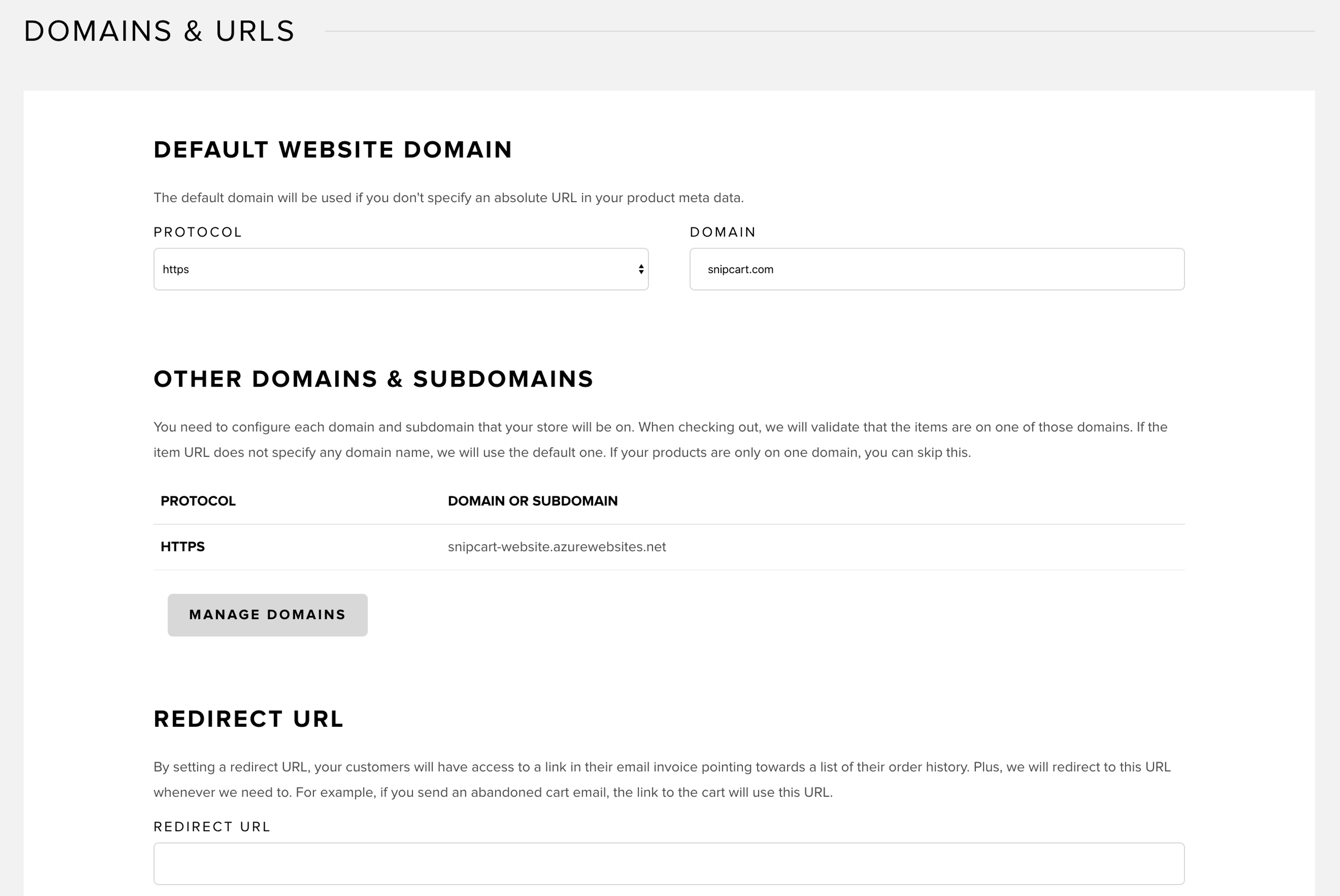 Domains and URL settings in Snipcart dashboard