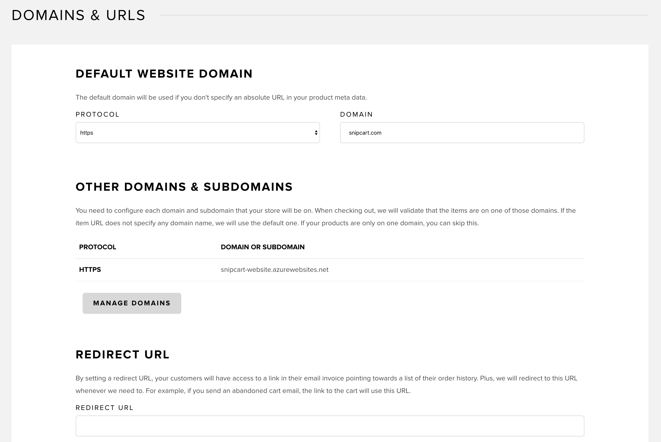 Paramètres de domaines et URL dans le tableau de bord Snipcart