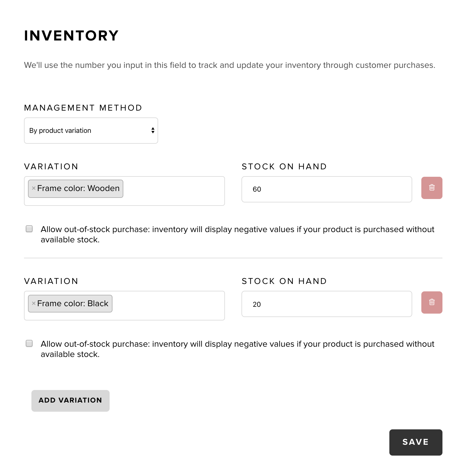 Inventory management by product options in Snipcart dashboard