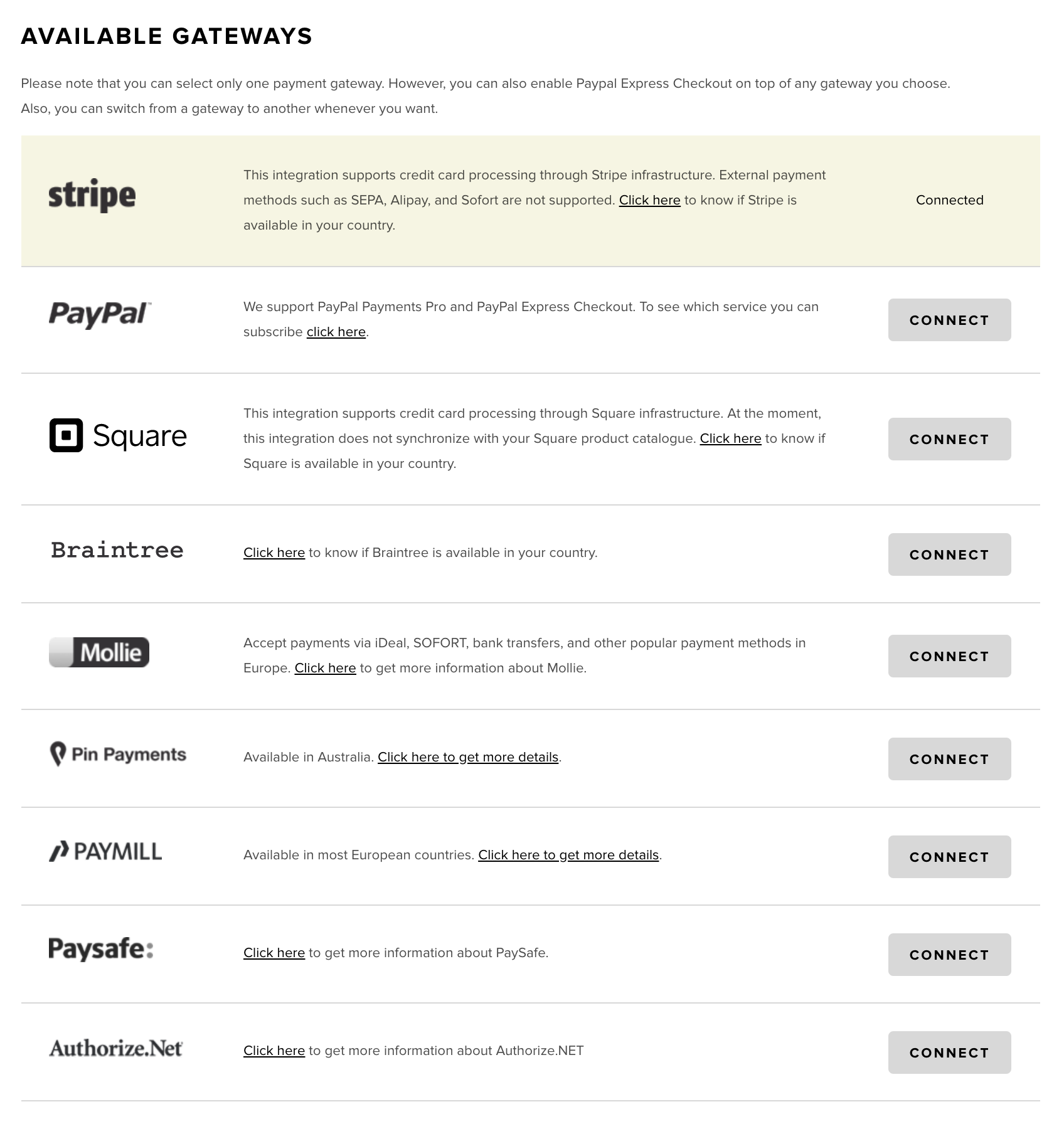 Available payment gateways in Snipcart dashboard