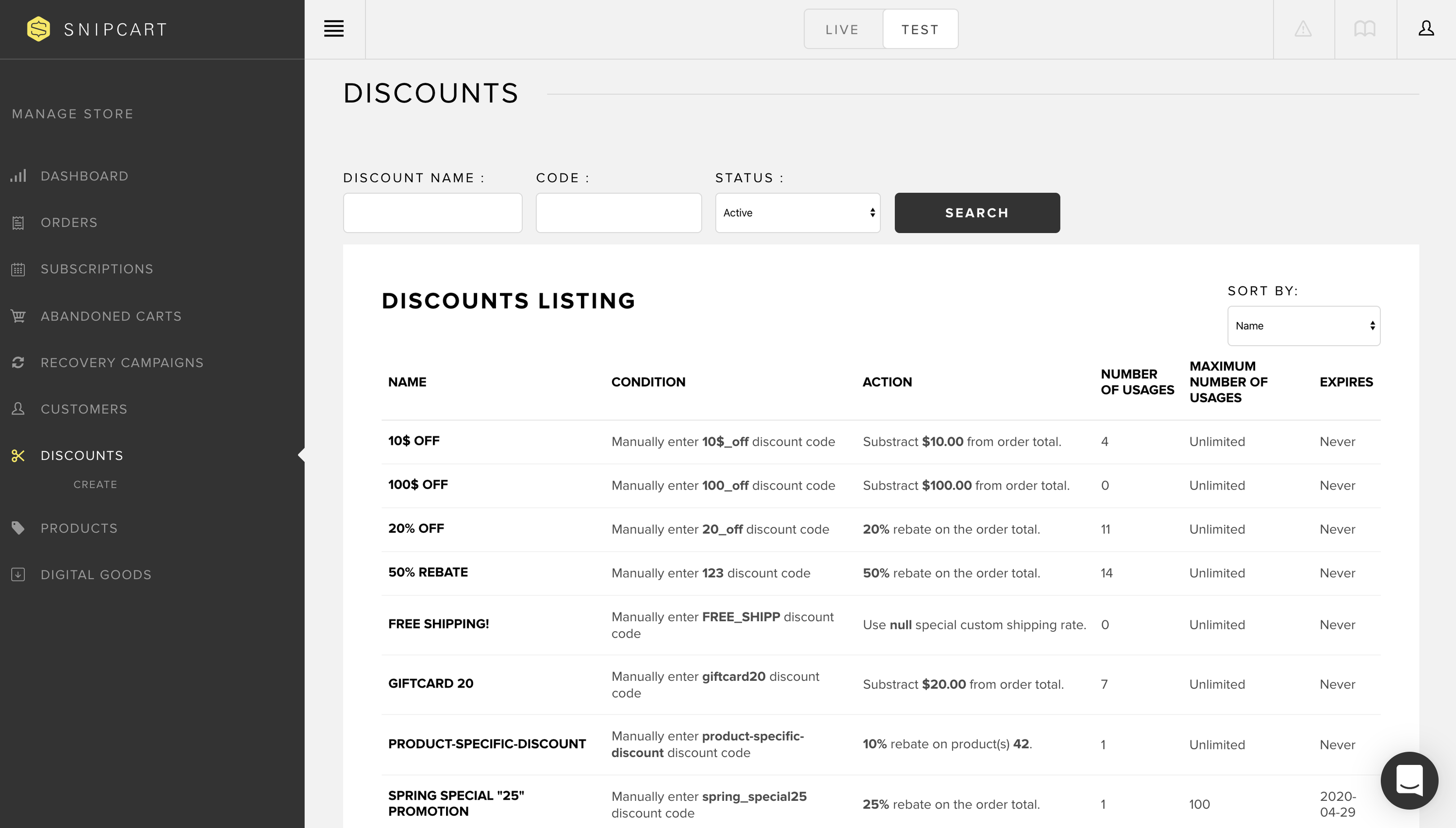 Discounts list in Snipcart dashboard