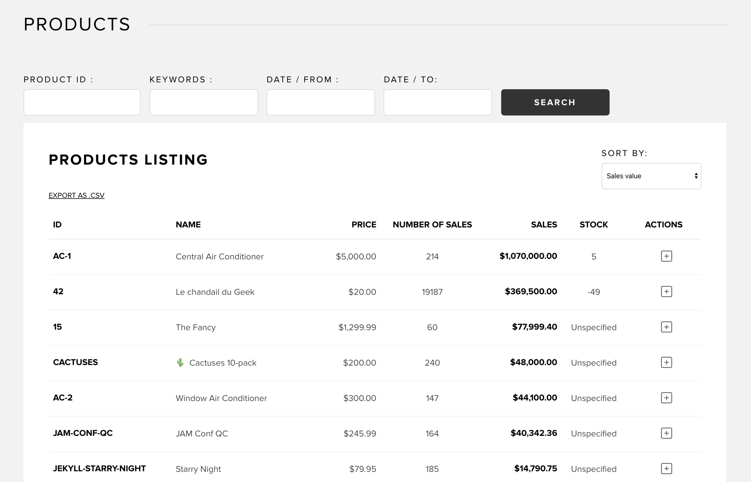 Products listing in Snipcart dashboard
