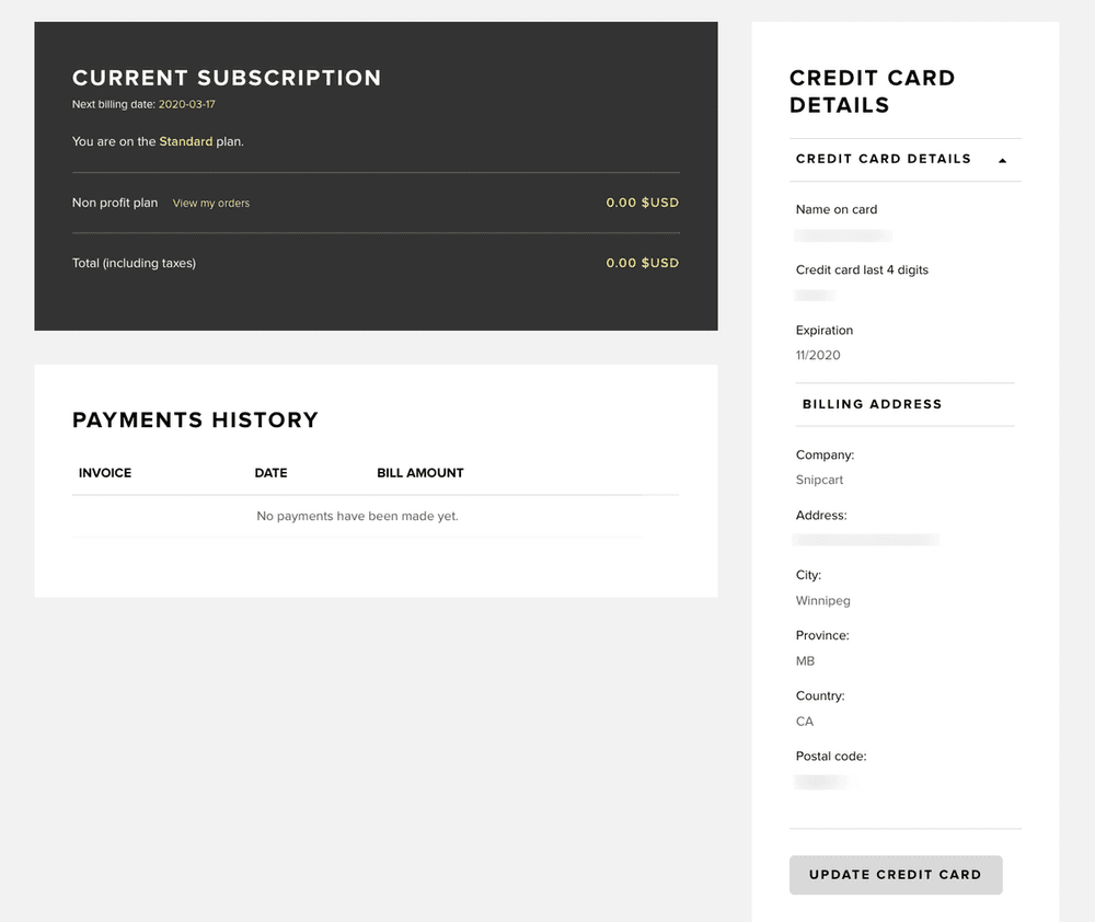 Billing and subscription screen in Snipcart dashboard