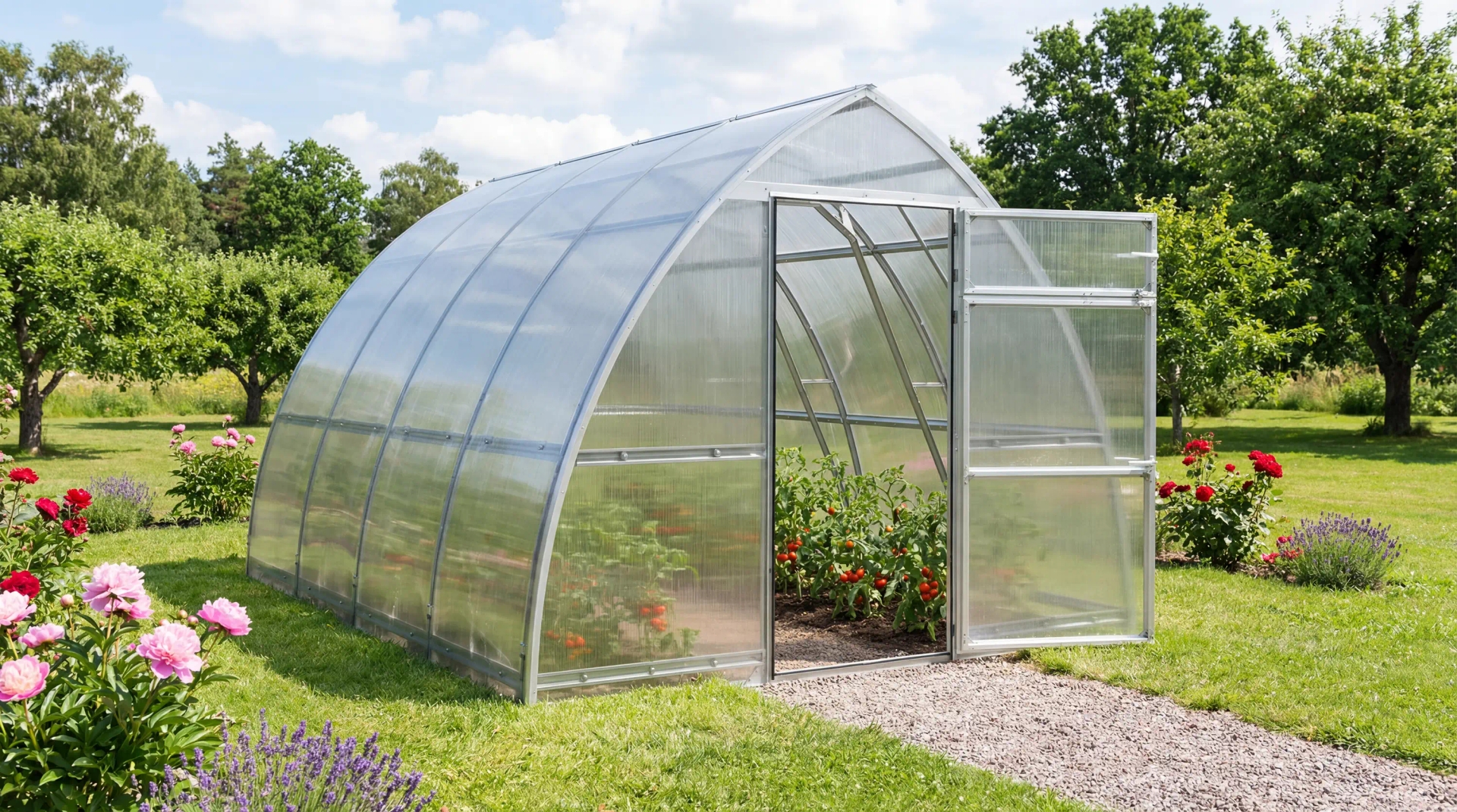 Tunnelväxthus TOR 300x med snölastkapacitet upp till 400 kg/m² – byggt för svenska trädgårdar.