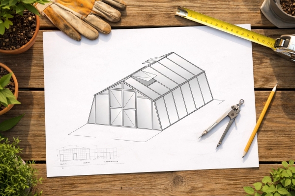 Växthus placerat i trädgård med odlingar