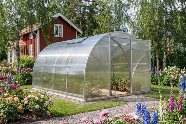 Tunnelväxthus Vidar 300 med öppen dörr och massa tomater som odlas inuti växthuset.