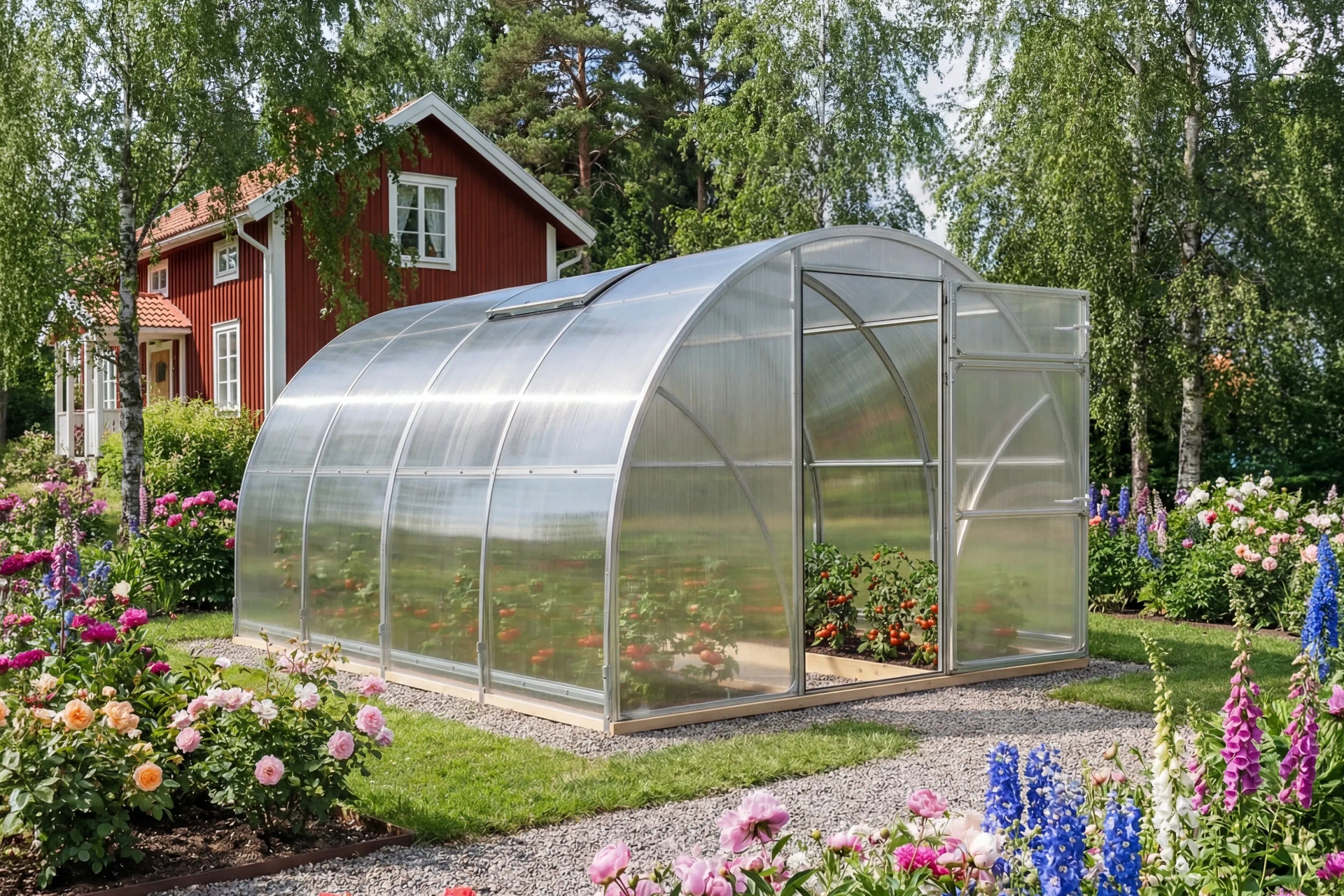 Tunnelväxthus Vidar 300 med öppen dörr och massa tomater som odlas inuti växthuset.