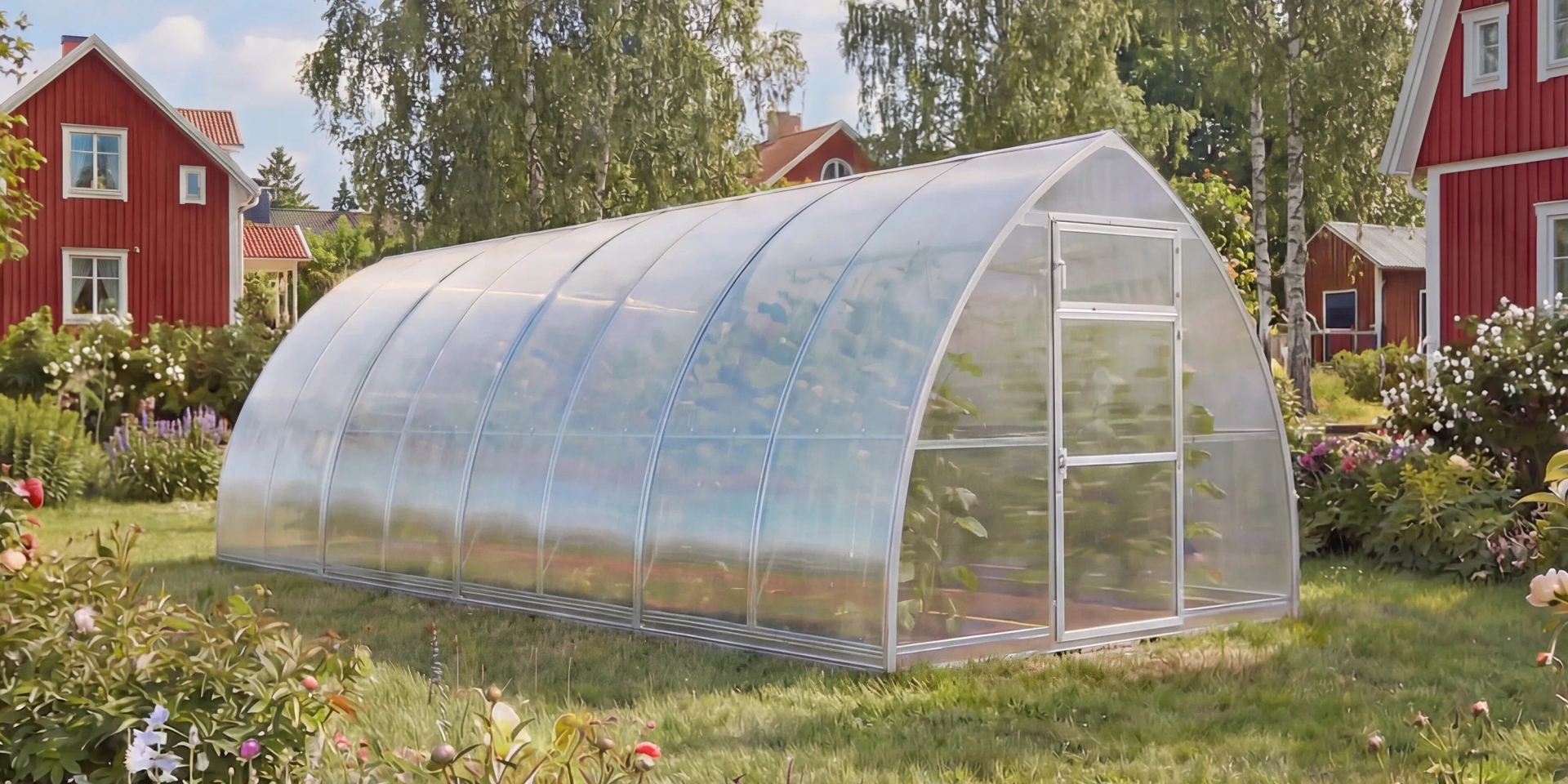 Tunnelväxthus TOR 300x med snölastkapacitet upp till 400 kg/m² – byggt för svenska trädgårdar.