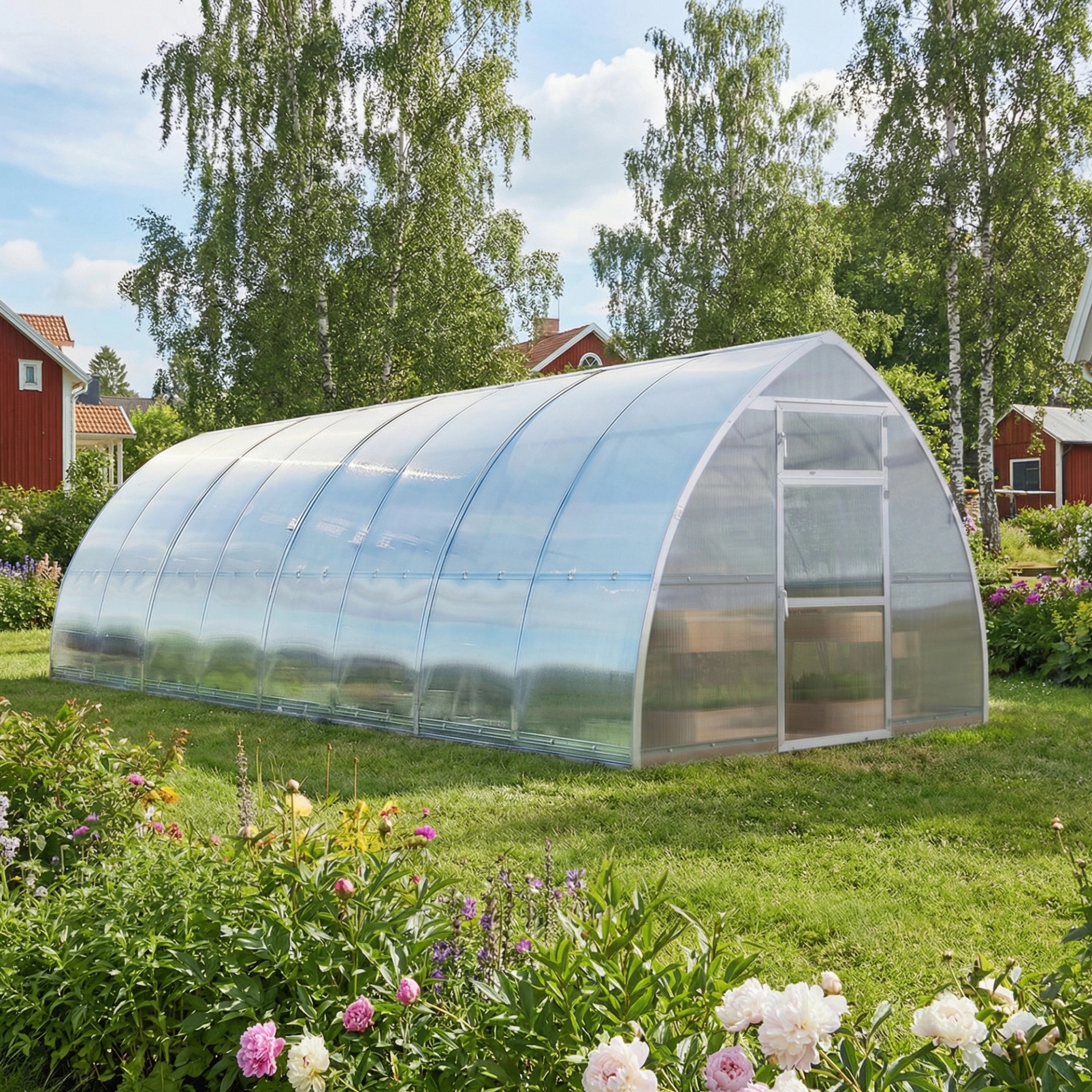 Vidar 300 i svensk natur, med røde tomater inde i drivhuset og en åben dør.