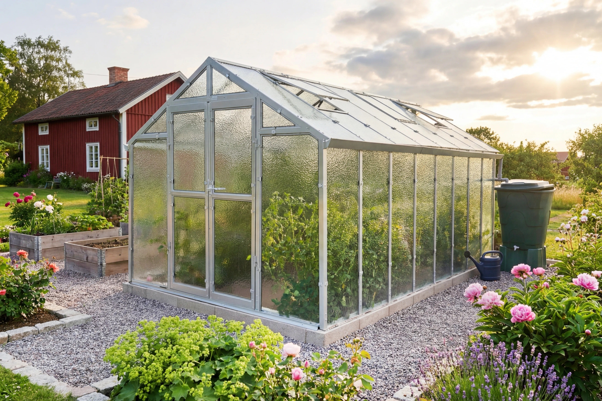 Stormsäkert växthus Variant 249 i en svensk trädgård