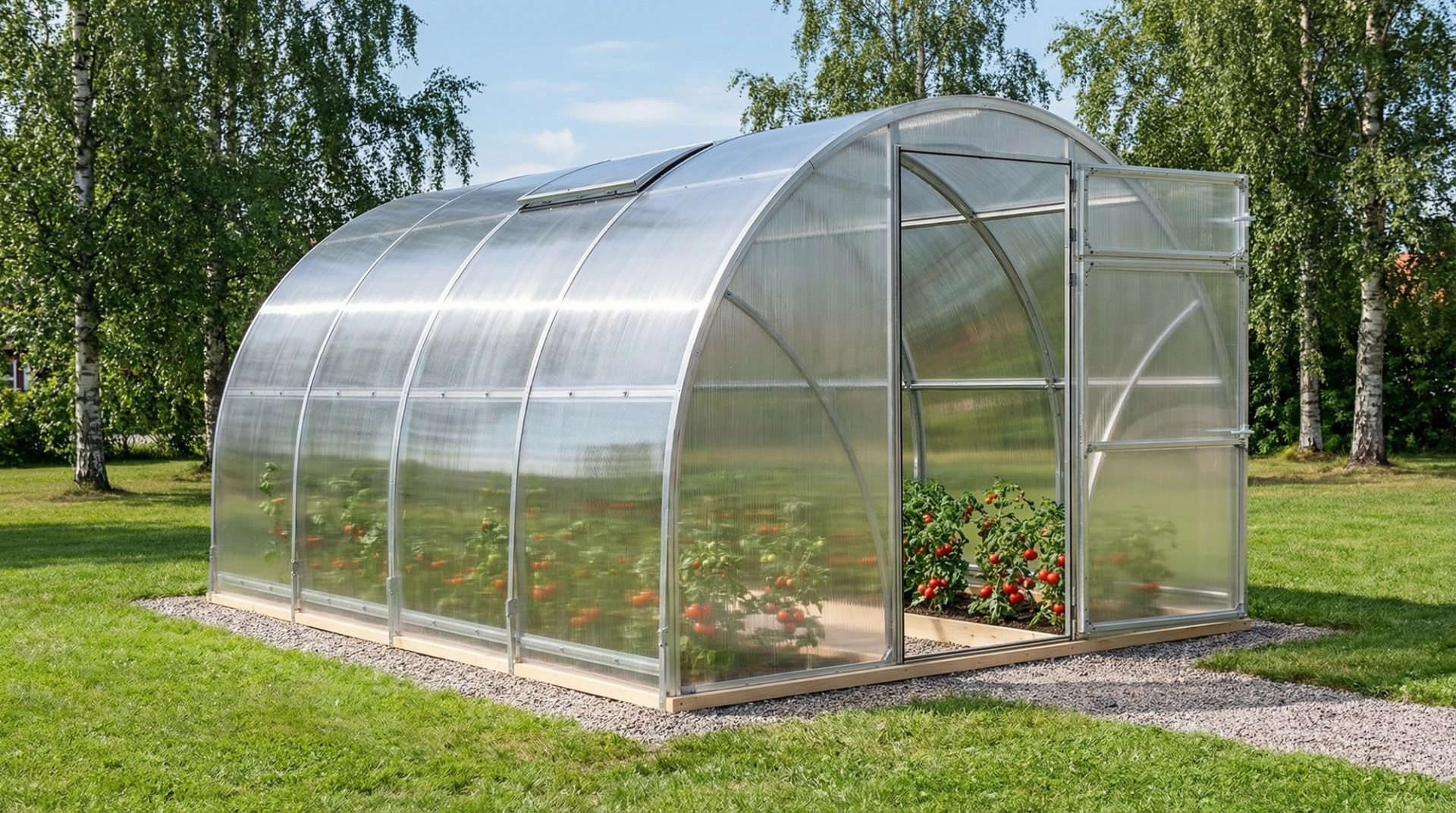 Vidar 300 i svensk natur, med röda tomater inne i växthuset och öppen dörr.