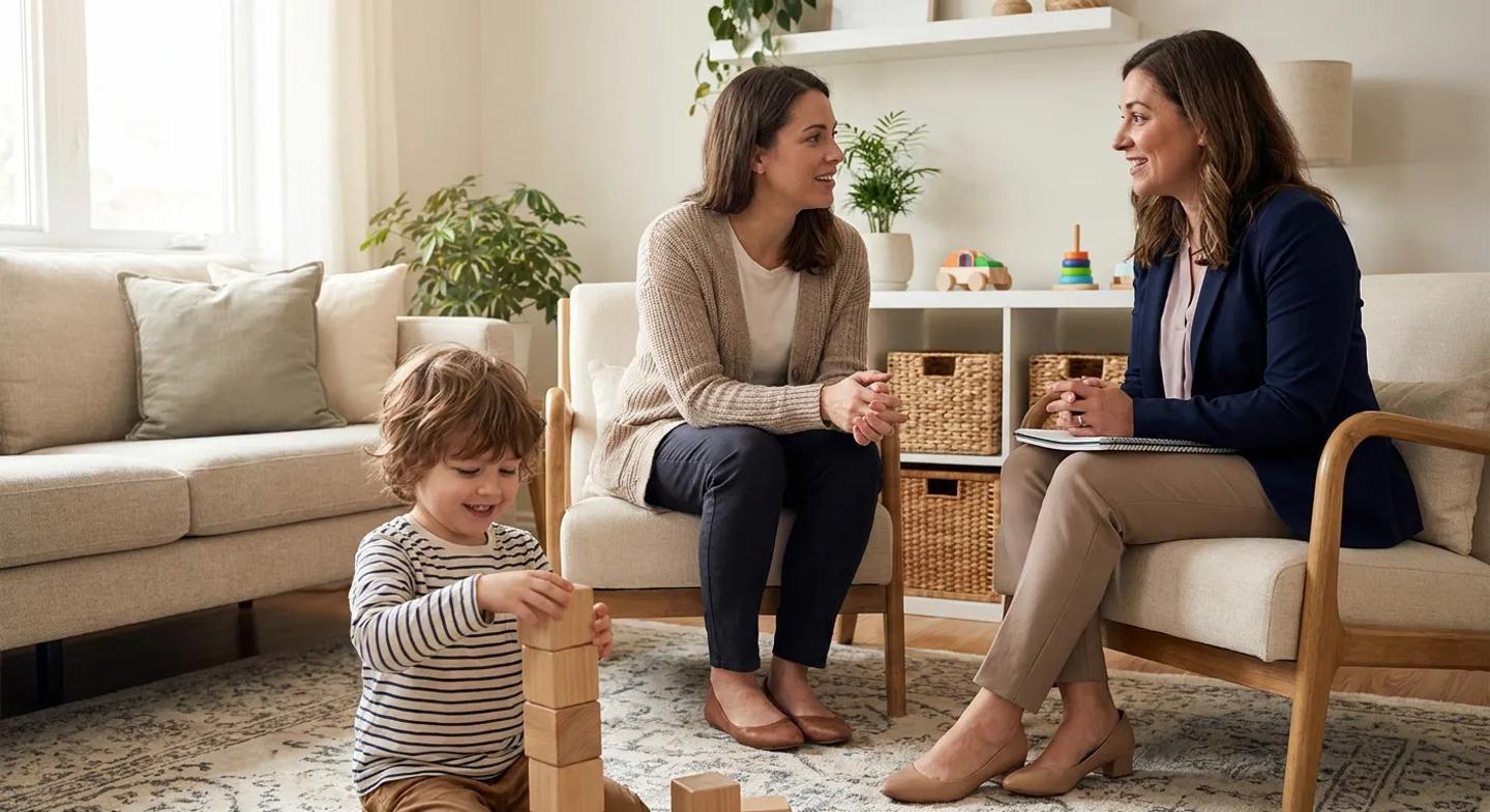 A young child around 4 to 5 years old stacks wooden blocks on a living room rug while a parent and a female BCBA sit nearby in cushioned chairs, smiling and talking in a bright, cozy home setting with soft neutral decor.