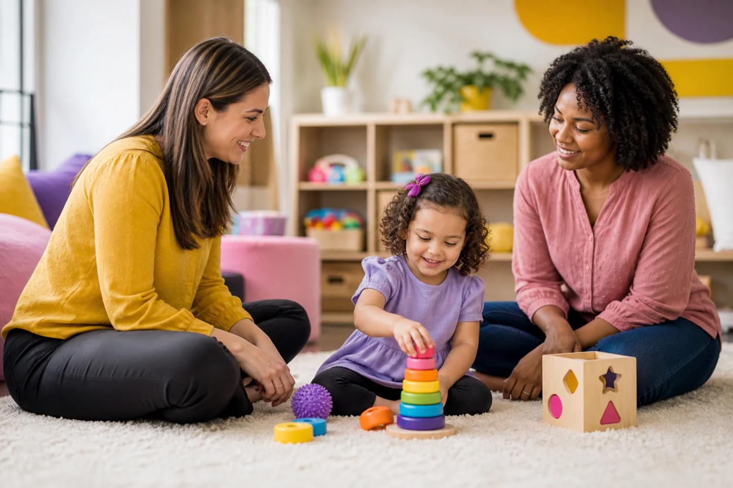 A young child about 3 to 4 years old plays with colorful stacking and sensory toys on a soft rug in a warm therapy playroom while a female therapist in modest work-casual clothing sits nearby at the child’s level and a parent watches from close by; the room is bright, tidy, and welcoming with subtle yellow, purple, and pink accents.